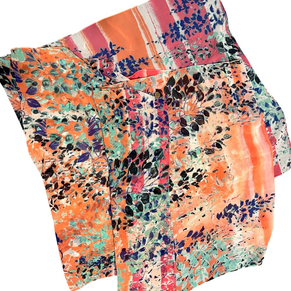 Calvin Klein Womens Abstract Floral Scarf Orange Pink‎ Teal Logo Charm Square